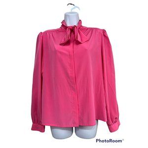 Vtg 80s Hot Pink Pussybow Blouse Sz‎ 8 Long Sleeve Button Up Romantic Secretary